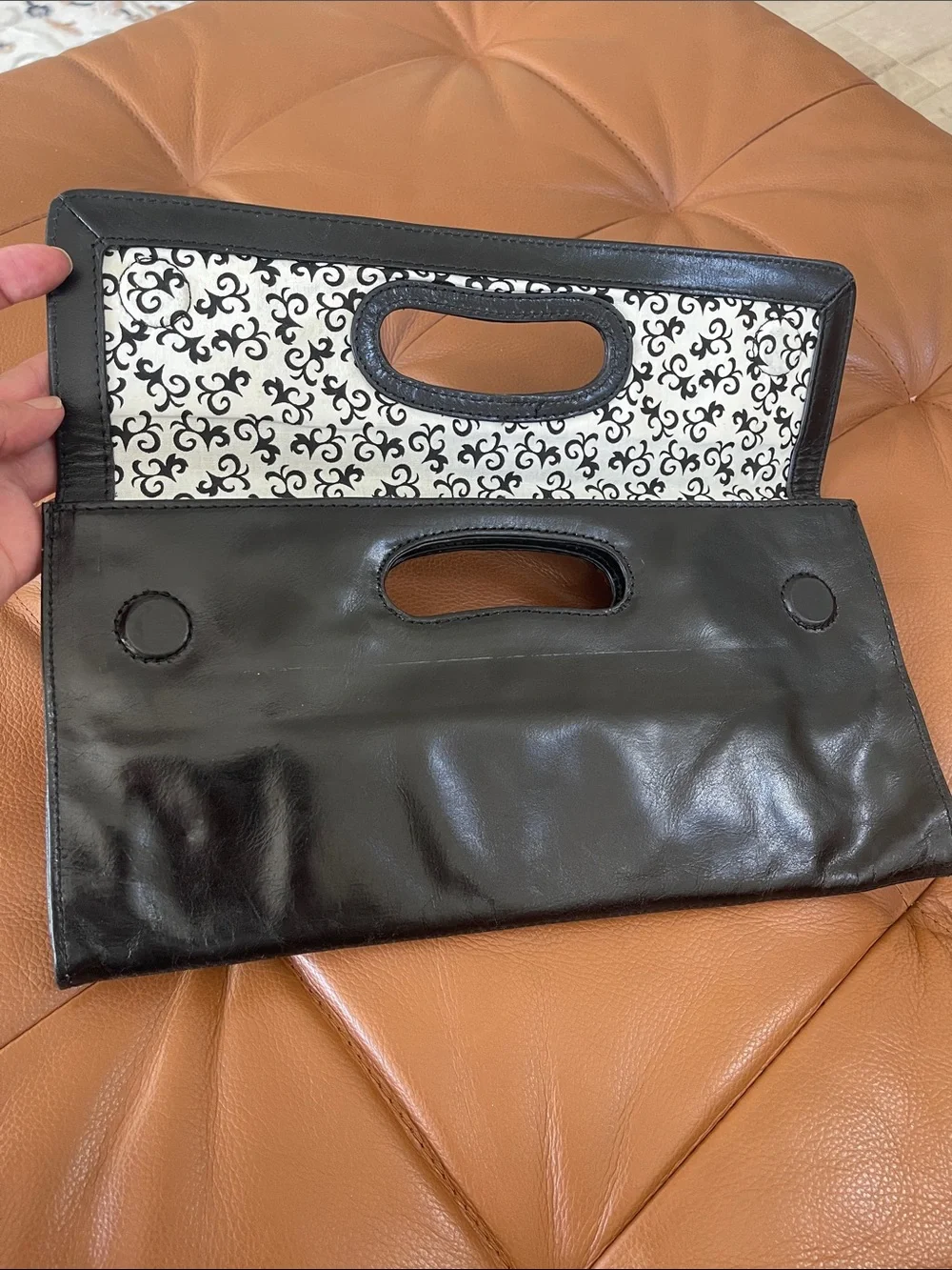 Hobo Classic Black Leather Fold-Over Clutch with Patterned Interior
